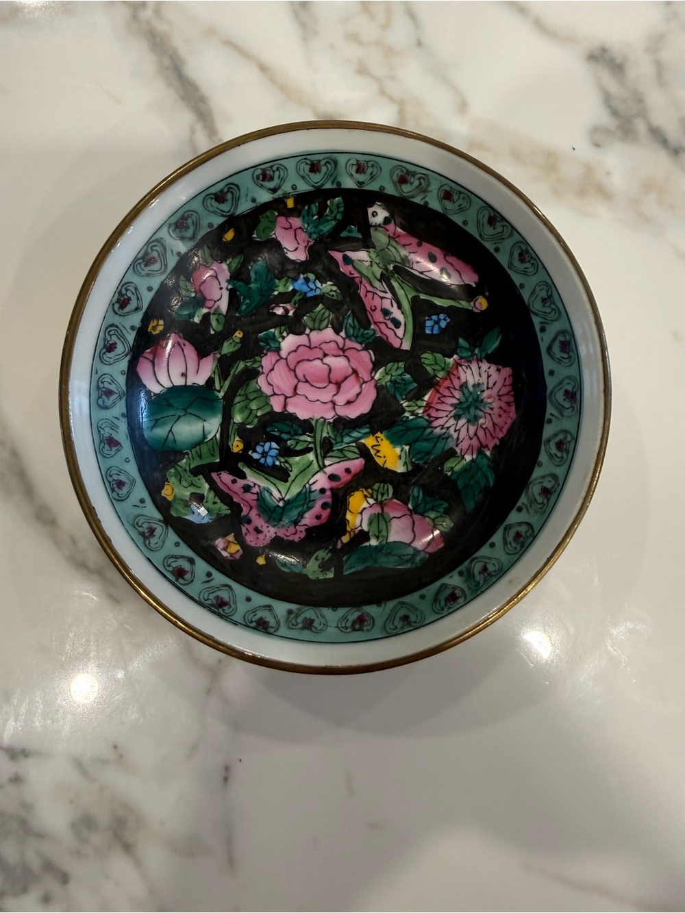 Vintage Hand Painted Floral Chinoiserie Decorative Floral Bowl With Brass
